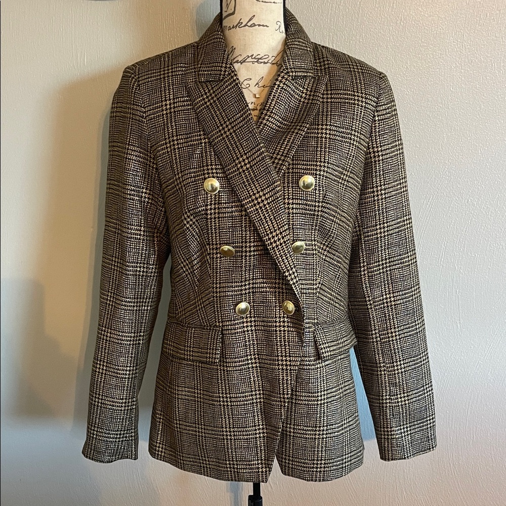 Nine West Black and Tan Plaid Blazer Gold Buttons Power Suit Jacket Small